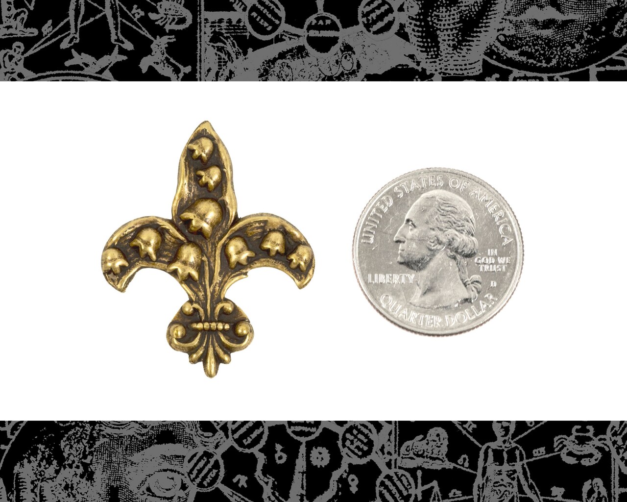 Antiqued Brass Fleur de Lis with Lilies of the Valley Pendant Piece - AB-P16